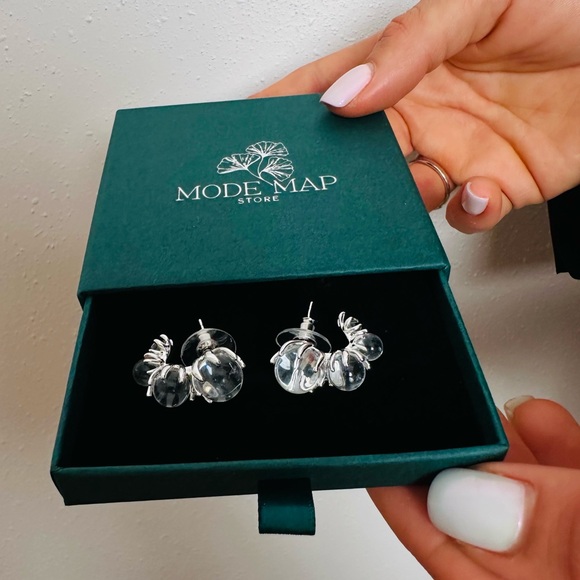 C-shaped Transparent Round Bead Earrings Silver Color - Picture 7 of 7